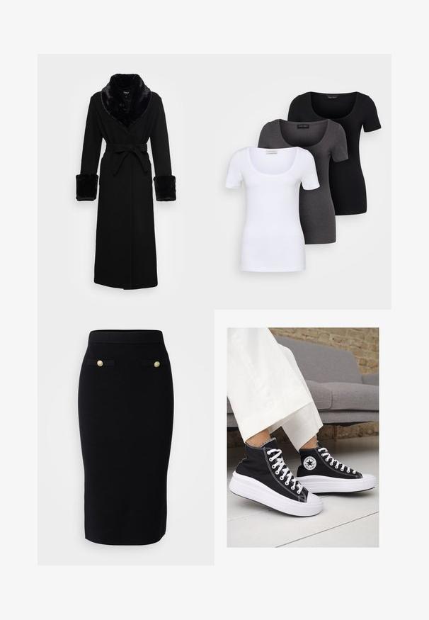 Črna roba z ovratnikom in manšeti iz umetnega krzna, z pasom, dolgimi rokavi in ravnim robom. Gladka tekstura, eleganten dizajn.; Tri prilegla majica v beli, sivi in črni barvi. Vsaka ima širok izrez na vratu in kratke rokave. Narejene so iz gladkega, raztegljivega materiala.; Vero Moda Tall VMSABA LENGHT SKIRT - Ozko oprijeto krilo - black; Črne platnene visoke superge z belimi gumijastimi podplati in vezalkami. Imajo krožni logotip na strani in kontrastno bele šive.