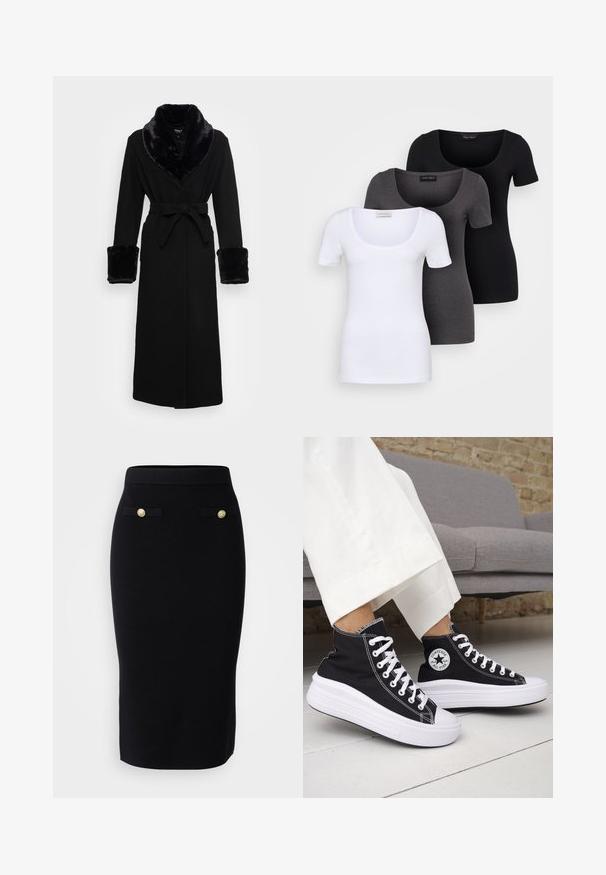 Črna roba z ovratnikom in manšeti iz umetnega krzna, z pasom, dolgimi rokavi in ravnim robom. Gladka tekstura, eleganten dizajn.; Tri prilegla majica v beli, sivi in črni barvi. Vsaka ima širok izrez na vratu in kratke rokave. Narejene so iz gladkega, raztegljivega materiala.; Vero Moda Tall VMSABA LENGHT SKIRT - Ozko oprijeto krilo - black; Črni visoki supergi z belimi gumijastimi podplati in vezalkami. Na njih je okrogel logotip in kontrastno belo šivanje. Iz blaga platna.