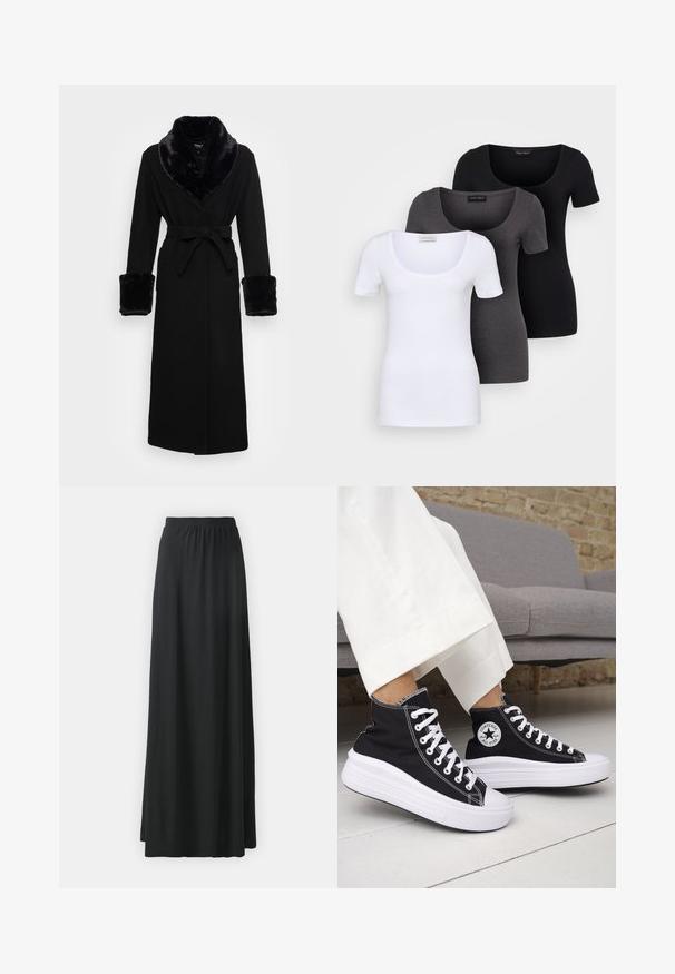 Svart kappe med krage og mansjetter i kunstpels, belte i midjen, lange ermer og rett kant. Glatt tekstur, elegant design.; Tre figurerte T-skjorter i hvit, grå og svart. Hver har en bred scoop-nakke og korte ermer. Laget av glatt, elastisk stoff.; Svart maxiskjørt laget av mykt, elastisk stoff med elastisk midjebånd, med en flytende A-linje silhuett.; Svarte høye sneakers med hvite gummisåler og lisser. Har et rundt logo-merke og kontrasterende hvite sømmer. Laget av lerret.