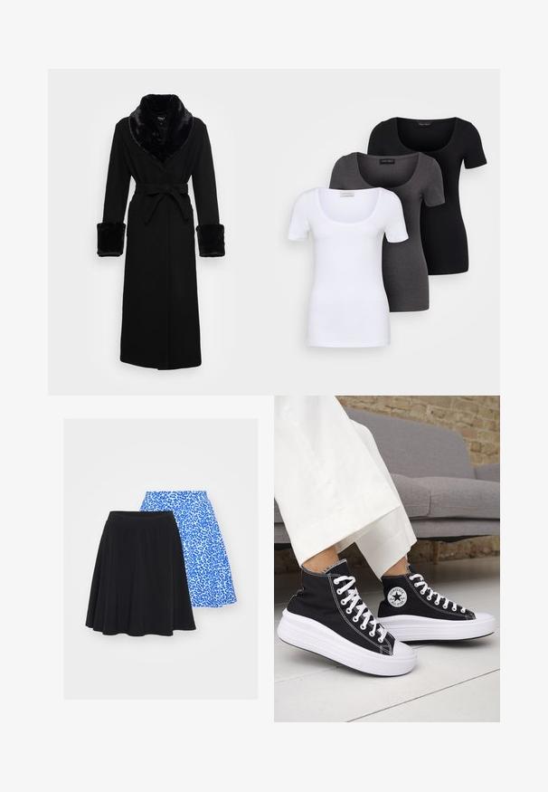 Roupa preta com um colarinho e punhos em pelagem sintética, cintura cingida, mangas longas e barra reta. Textura suave, design elegante.; Três t-shirts ajustadas em branco, cinza e preto. Cada uma possui um decote amplo e mangas curtas. Feitas de um tecido liso e elástico.; Saias com padrão de leopardo preto e azul, apresentando um design evasê, cintura elástica e textura de tecido suave. A saia azul tem um padrão ousado.; Ténis pretos de cano alto com solas e atacadores em borracha branca. Apresentam um emblema redondo e costuras contrastantes em branco. Material em lona.