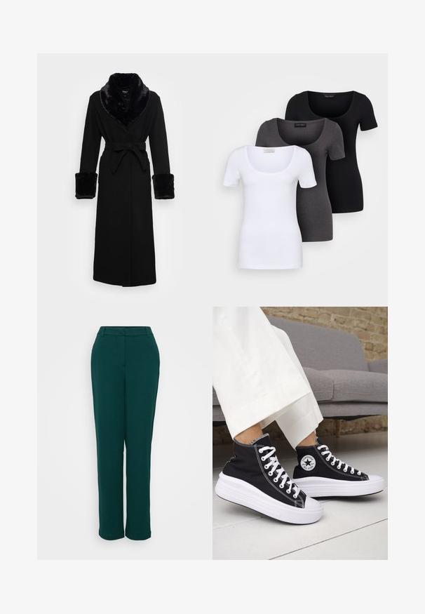 Juoda mantija su dirbtinės odos šalikėlėmis ir rankogaliais, diržo juosmeniu, ilgomis rankovėmis ir tiesiu našiu. Sklandi tekstūra, elegantiškas dizainas.; Trys priderinti marškiniai: balti, pilki ir juodi. Kiekvienas turi plačią apvalią iškirptę ir trumpas rankoves. Pagaminti iš lygaus, tamprių audinio.; Žalios aukštai įsiūtos kelnes su tiesiomis kojomis, pagamintos iš lygaus audinio, su priekinių kišenių ir diskretišku juosmeniu.; Juodi aukštakulniai sportbačiai su baltais guminiu padu ir raišteliais. Ant jų yra apvalus logotipo lopas ir kontrastingos baltos siūlės. Pagaminti iš drobės medžiagos.