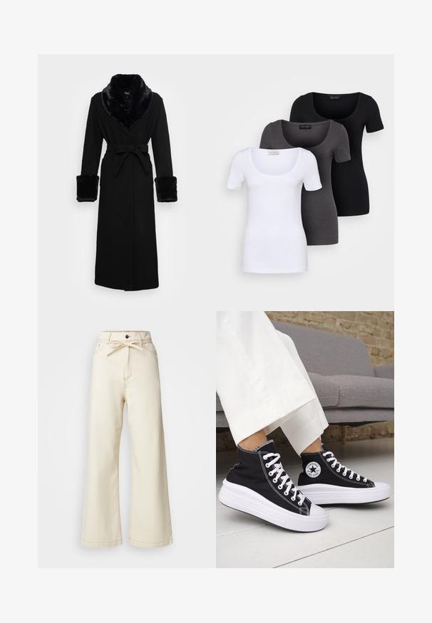 Black robe with a faux fur shawl collar and cuffs, belted waist, long sleeves, and a straight hem. Smooth texture, elegant design.; Three fitted T-shirts in white, gray, and black. Each features a wide scoop neckline and short sleeves. Made from smooth, stretchy fabric.; Cream wide-leg pants made of denim, featuring a high waist, bow tie detail at the front, and contrasting stitching.; Black high-top sneakers with white rubber soles and laces. Features a round logo patch and contrasting white stitching. Canvas material.