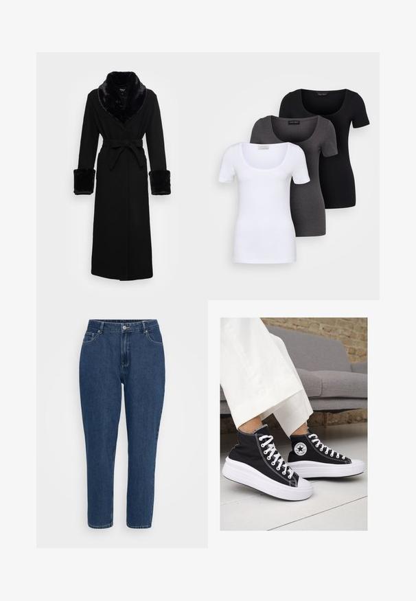 Černý plášť s límcem a manžetami z umělé kožešiny, pasem na šňůru, dlouhými rukávy a rovného spodního okraje. Hladká textura, elegantní design.; Tři přiléhavé trička v bílé, šedé a černé barvě. Každé má široký výstřih a krátké rukávy. Vyrobeno z hladké, pružné tkaniny.; Tmavě modré džíny s vysokým pasem a rovnými nohavicemi, s předními kapsami, poutky na pásek, kovovým knoflíkem a zipovým zapínáním na bílém pozadí.; Černé vysoké plátěné tenisky s bílými gumovými podrážkami a tkaničkami. Na boku mají kulaté logo a kontrastní bílé švy.