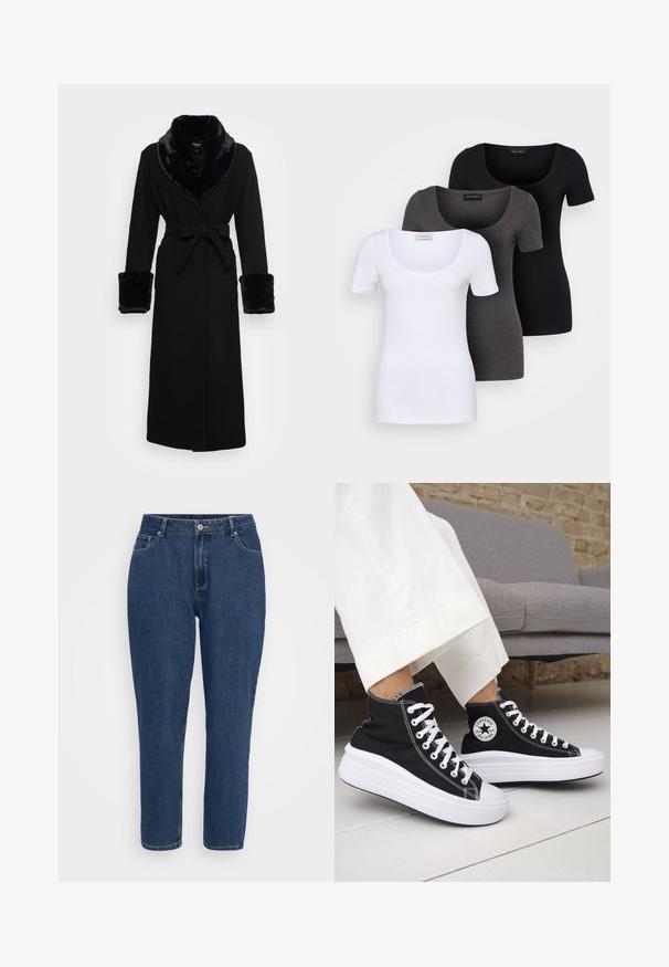 Crna haljina s ovratnikom i manžetama od umjetnog krzna, s pojasom u struku, dugim rukavima i ravnim rubom. Glatka tekstura, elegantan dizajn.; Tri fitted T-shirtovi u bijeloj, sivoj i crnoj boji. Svaki ima široki izrez na vratu i kratke rukave. Napravljen od glatkoga, rastezljivog materijala.; Tamno plave traperice visokog struka ravnog kroja s prednjim džepovima, petljama za remen, metalnim gumbom i zatvaračem na bijeloj pozadini.; Crne tenisice visoke košarke s bijelim gumenim potplatom i vezicama. Imaju okruglu logotipsku zakrpu i kontrastni bijeli šav. Materijal od platna.