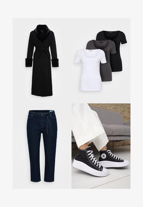 Rochie neagră cu guler și manșete din blană sintetică, talie accentuată cu un cordon, mâneci lungi și tiv drept. Textură netedă, design elegant.; Trei tricouri ajustate, în alb, gri și negru. Fiecare are un decolteu larg în formă de cerc și mâneci scurte. Fabricate dintr-un material neted și elastic.; Blugi de culoare albastră închisă, cu o croială relaxată. Prezintă accente cusute, talie cu șnur și cinci buzunare. Textură netedă și tăiere până la gleznă.; Adidași negri înalți cu tălpi și șireturi albe din cauciuc. Prezintă o pată logo rotundă și cusături albe contrastante. Material din pânză.