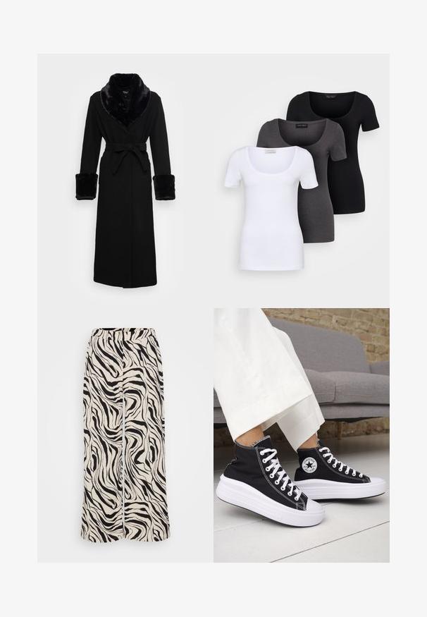 Roupa preta com um colarinho e punhos em pelagem sintética, cintura cingida, mangas longas e barra reta. Textura suave, design elegante.; Três t-shirts ajustadas em branco, cinza e preto. Cada uma possui um decote amplo e mangas curtas. Feitas de um tecido liso e elástico.; Calças de perna larga feitas de tecido leve, com um padrão de zebra preto e branco. Cintura elástica e textura suave.; Ténis pretos de cano alto com solas e atacadores em borracha branca. Apresentam um emblema redondo e costuras contrastantes em branco. Material em lona.