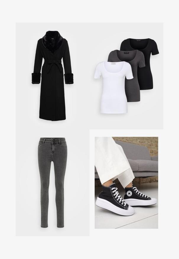 Crna haljina s ovratnikom i manžetama od umjetnog krzna, s pojasom u struku, dugim rukavima i ravnim rubom. Glatka tekstura, elegantan dizajn.; Tri fitted T-shirtovi u bijeloj, sivoj i crnoj boji. Svaki ima široki izrez na vratu i kratke rukave. Napravljen od glatkoga, rastezljivog materijala.; Mršave sive traperice od denima, s visokim strukom, zatvaranjem na dva gumba i minimalnim detaljima šivanja za elegantan izgled.; Crne platnene visoke tenisice s bijelim gumiranim potplatima i vezicama. Imaju kružni logo sa strane i kontrastne bijele šavove.