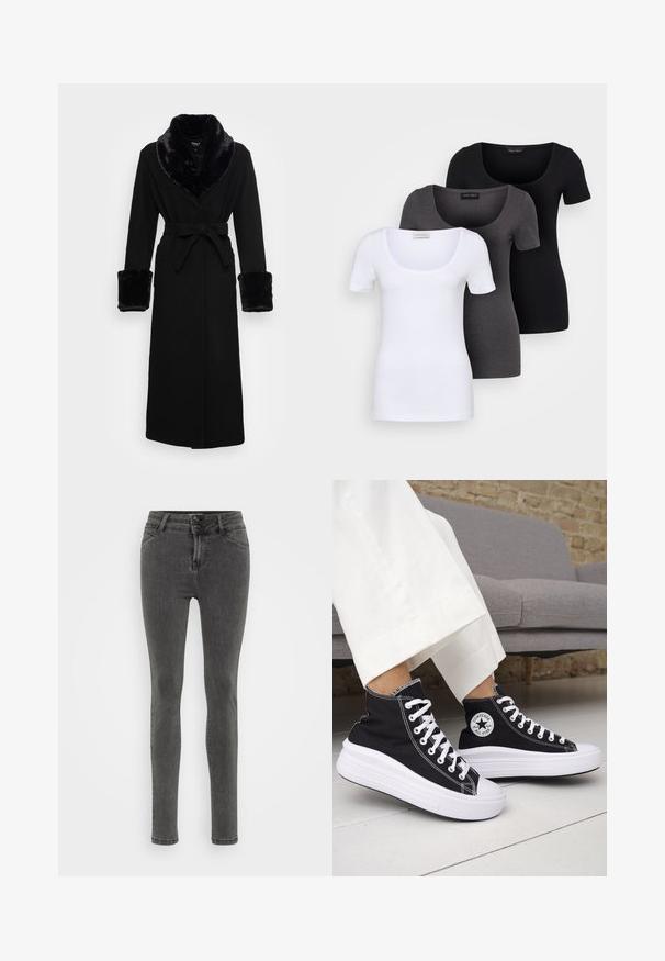 Ropa negra con un chal color de piel sintético y puños, cinturilla ajustada, mangas largas y un dobladillo recto. Textura suave, diseño elegante.; Tres camisetas ajustadas en blanco, gris y negro. Cada una cuenta con un escote amplio y mangas cortas. Están hechas de una tela suave y elástica.; Vaqueros grises ajustados de denim, con una cintura alta, cierre de dos botones y detalles de costura mínimos para una apariencia elegante.; Zapatillas altas negras con suelas de goma blancas y cordones blancos. Presentan un parche redondo con logo y costuras blancas contrastantes. Material de lona.