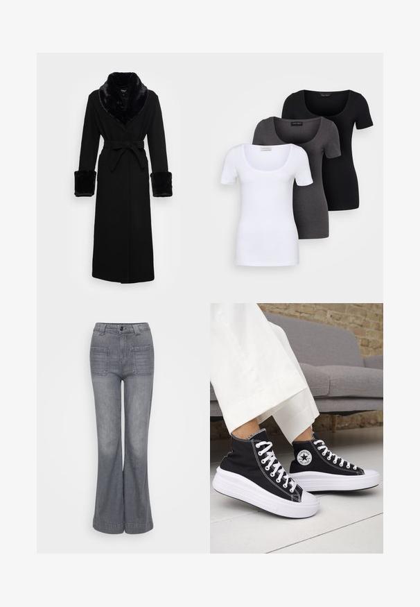Svart kappe med krage og mansjetter i kunstpels, belte i midjen, lange ermer og rett kant. Glatt tekstur, elegant design.; Tre figurerte T-skjorter i hvit, grå og svart. Hver har en bred scoop-nakke og korte ermer. Laget av glatt, elastisk stoff.; Grå ytterjeans laget av denim med beltestykke, frontknapplukking og to baklommepatch. Glatt tekstur og lys vask.; Svarte høye sneakers med hvite gummisåler og lisser. Har et rundt logo-merke og kontrasterende hvite sømmer. Laget av lerret.
