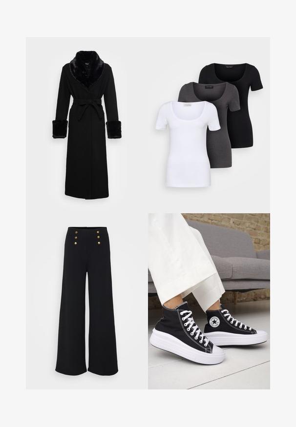 Zwarte robe met een nep bont sjaalkraag en manchetten, ceintuur in de taille, lange mouwen en een rechte zoom. Soepele textuur, elegante uitstraling.; Drie getailleerde T-shirts in het wit, grijs en zwart. Elk met een brede ronde hals en korte mouwen. Gemaakt van gladde, rekbare stof.; Zwart wijde broek met een zachte textuur, hoge taille en vier gouden knopen aan de voorkant, ontworpen voor een nauwsluitende pasvorm.; Zwarte hoge sneakers met witte rubberen zolen en veters. Voorzien van een ronde logo patch en contrasterende witte stiksels. Gemaakt van canvas.
