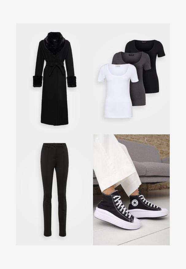 Juoda mantija su dirbtinės odos šalikėlėmis ir rankogaliais, diržo juosmeniu, ilgomis rankovėmis ir tiesiu našiu. Sklandi tekstūra, elegantiškas dizainas.; Trys priderinti marškiniai: balti, pilki ir juodi. Kiekvienas turi plačią apvalią iškirptę ir trumpas rankoves. Pagaminti iš lygaus, tamprių audinio.; Juodos pritaikytos kelnės su siauru siluetu. Yra lygus audinys, priekiniai raukšlės detalės ir vienas mygtukas juosmens srityje.; Juodi aukštakulniai sportbačiai su baltais guminiu padu ir raišteliais. Ant jų yra apvalus logotipo lopas ir kontrastingos baltos siūlės. Pagaminti iš drobės medžiagos.