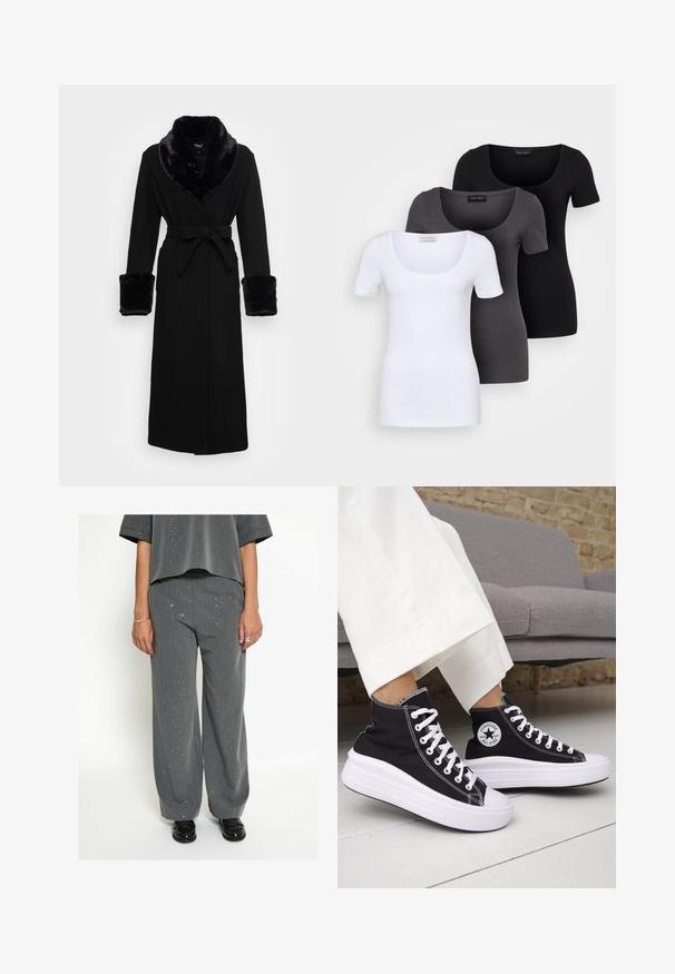 Črna roba z ovratnikom in manšeti iz umetnega krzna, z pasom, dolgimi rokavi in ravnim robom. Gladka tekstura, eleganten dizajn.; Tri prilegla majica v beli, sivi in črni barvi. Vsaka ima širok izrez na vratu in kratke rokave. Narejene so iz gladkega, raztegljivega materiala.; Oseba v sivih širokih hlačah in usklajenimi piko vzorčastimi majicah, z črnimi loafer čevlji, srebrnimi prstani in zapestnico, stoji ob beli ozadju.; Črni visoki supergi z belimi gumijastimi podplati in vezalkami. Na njih je okrogel logotip in kontrastno belo šivanje. Iz blaga platna.