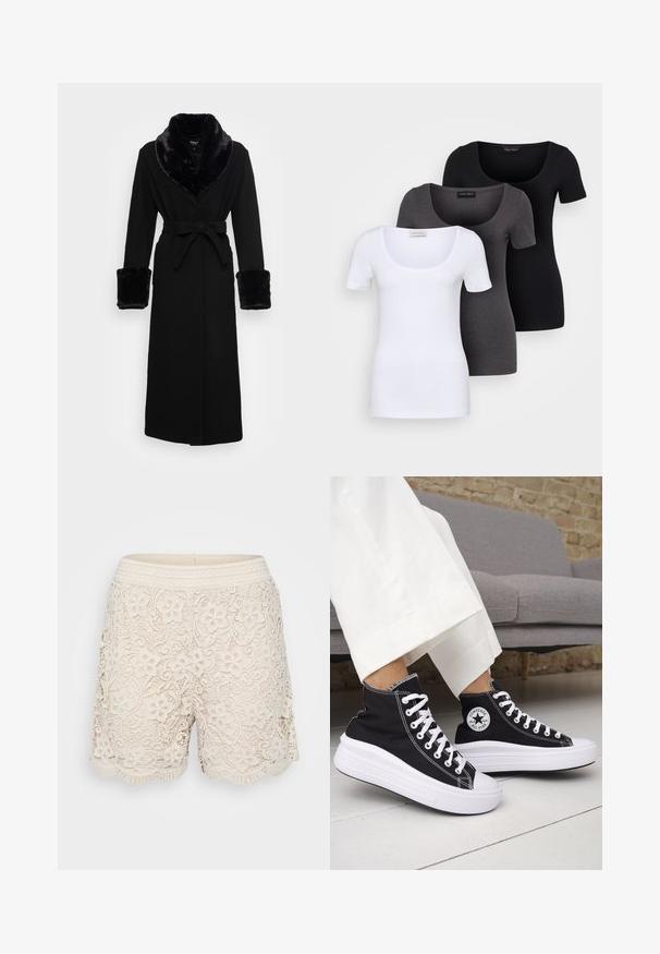 Roupa preta com um colarinho e punhos em pelagem sintética, cintura cingida, mangas longas e barra reta. Textura suave, design elegante.; Três t-shirts ajustadas em branco, cinza e preto. Cada uma possui um decote amplo e mangas curtas. Feitas de um tecido liso e elástico.; Calções rendados em bege claro com padrões florais, bainha em forma de ondas e uma cintura tecidos texturizada, apresentando detalhes intrincados por todo o lado.; Ténis pretos de cano alto com solas e atacadores em borracha branca. Apresentam um emblema redondo e costuras contrastantes em branco. Material em lona.