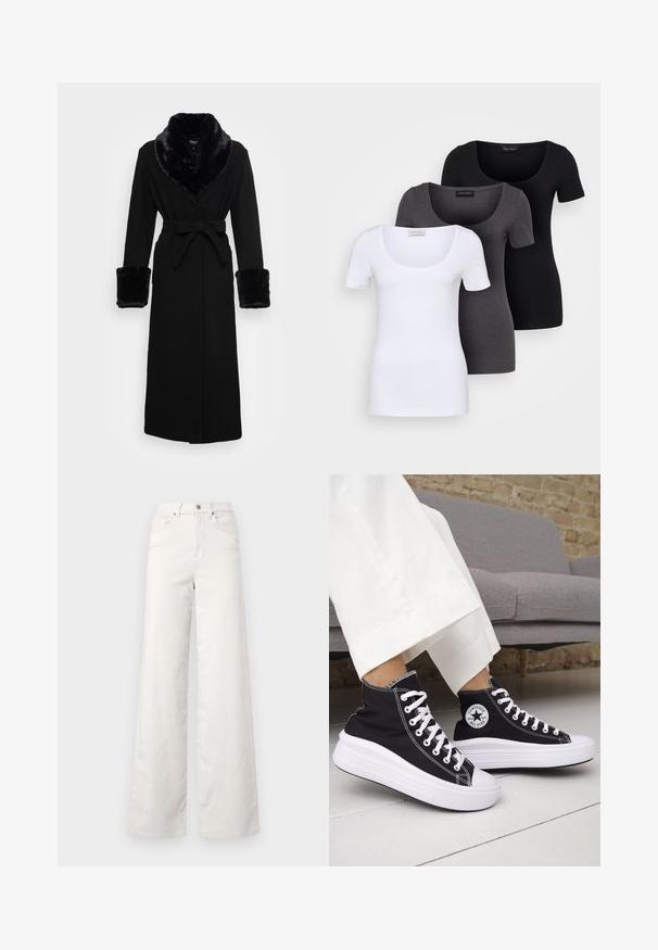Juoda mantija su dirbtinės odos šalikėlėmis ir rankogaliais, diržo juosmeniu, ilgomis rankovėmis ir tiesiu našiu. Sklandi tekstūra, elegantiškas dizainas.; Trys priderinti marškiniai: balti, pilki ir juodi. Kiekvienas turi plačią apvalią iškirptę ir trumpas rankoves. Pagaminti iš lygaus, tamprių audinio.; ONLY Tall ONLHOPE GLOBAL HIGH WAIST WIDE - Kelnės - pumice stone; Juodi aukštakulniai sportbačiai su baltais guminiu padu ir raišteliais. Ant jų yra apvalus logotipo lopas ir kontrastingos baltos siūlės. Pagaminti iš drobės medžiagos.