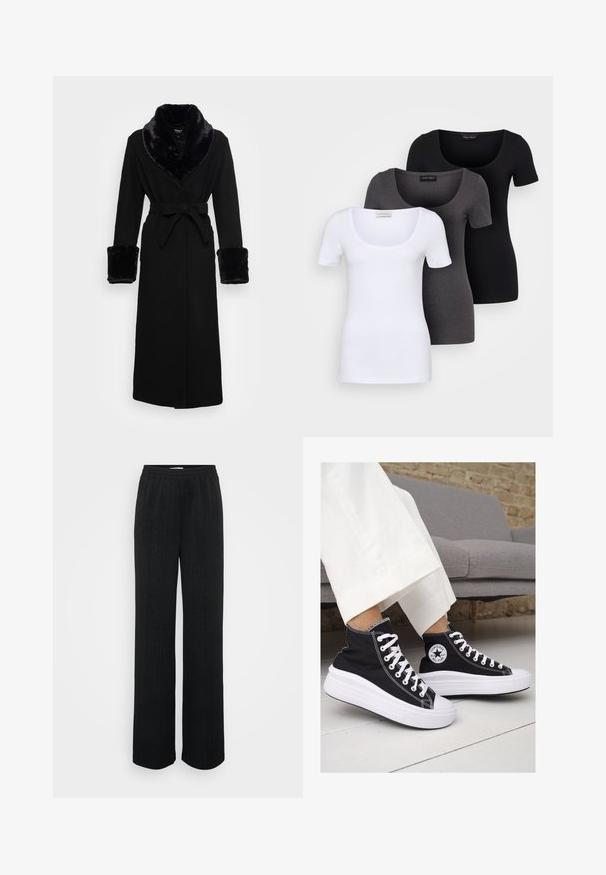 Robe noire avec un col châle en fausse fourrure et des poignets, taille ceinturée, manches longues et ourlet droit. Texture lisse, design élégant.; Trois T-shirts ajustés en blanc, gris et noir. Chacun présente un décolleté large et des manches courtes. Fabriqués en tissu lisse et extensible.; Pantalons larges noirs en tissu texturé avec des rayures verticales et une taille élastique pour le confort.; Baskets montantes en toile noire avec semelles et lacets en caoutchouc blanc. Elles présentent un logo circulaire sur le côté et un contraste de coutures blanches.