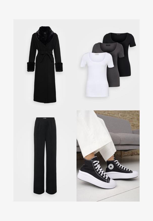 Schwarzer Umhang mit einem Kragen und Bündchen aus Kunstfell, tailliert, langen Ärmeln und geradem Saum. Glatte Textur, elegantes Design.; Drei figurbetonte T-Shirts in Weiß, Grau und Schwarz. Jedes hat einen weiten Rundhalsausschnitt und kurze Ärmel. Hergestellt aus glattem, elastischem Stoff.; Schwarze weitgeschnittene Hose aus einem strukturierten Stoff mit vertikalen Streifen und einem elastischen Bund für zusätzlichen Komfort.; Schwarze High-Top-Sneaker mit weißen Gummisohlen und Schnürsenkeln. Verfügt über ein rundes Logo-Patch und kontrastierende weiße Nähte. Aus Canvas-Material.