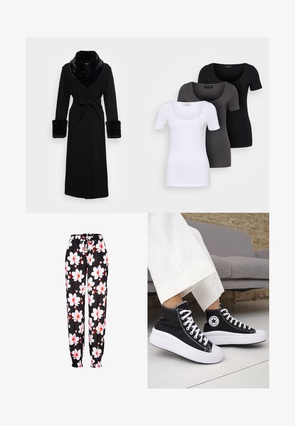 Zwarte robe met een nep bont sjaalkraag en manchetten, ceintuur in de taille, lange mouwen en een rechte zoom. Soepele textuur, elegante uitstraling.; Drie getailleerde T-shirts in het wit, grijs en zwart. Elk met een brede ronde hals en korte mouwen. Gemaakt van gladde, rekbare stof.; Zwarte stoffen broek met een witte en rode bloemenprint, elastische tailleband met trekkoord en geraffineerde manchetten. Lichtgewicht materiaal.; Zwarte hoge sneakers met witte rubberen zolen en veters. Voorzien van een ronde logo patch en contrasterende witte stiksels. Gemaakt van canvas.