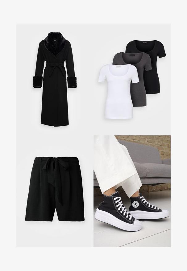Robe nera con collo e polsini in pelliccia sintetica, vita cintata, maniche lunghe e orlo dritto. Tessuto morbido, design elegante.; Tre T-shirt aderenti in bianco, grigio e nero. Ognuna presenta un ampio scollo a barca e maniche corte. Realizzate in un tessuto morbido e elastico.; Corti neri realizzati in tessuto testurizzato, dotati di una chiusura con lacci in vita e una vestibilità comoda, che arrivano a metà coscia.; Sneakers nere alte con suole e lacci in gomma bianca. Presentano una toppa con logo rotondo e cuciture a contrasto bianche. Materiale in tela.