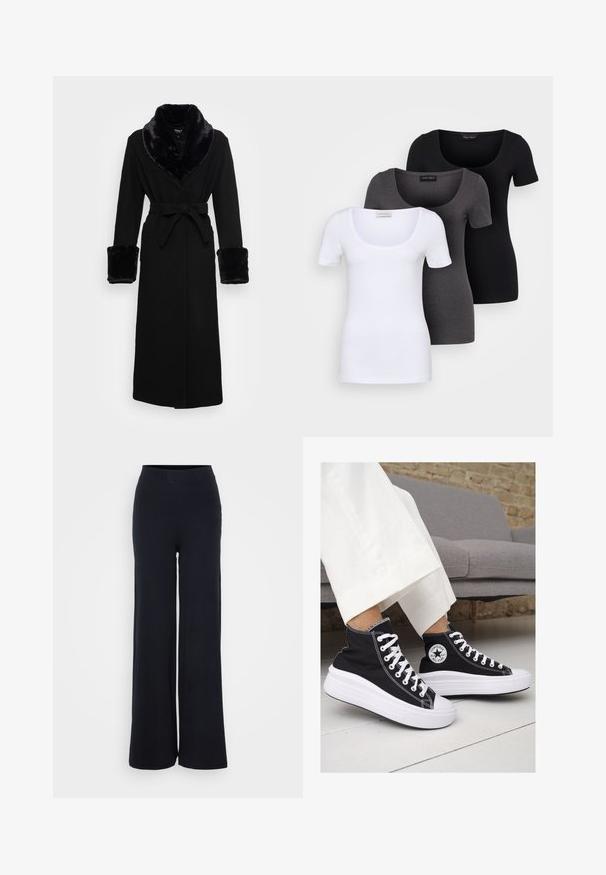 Roupa preta com um colarinho e punhos em pelagem sintética, cintura cingida, mangas longas e barra reta. Textura suave, design elegante.; Três t-shirts ajustadas em branco, cinza e preto. Cada uma possui um decote amplo e mangas curtas. Feitas de um tecido liso e elástico.; Calças largas pretas com acabamentos em relevo e cintura elástica, apresentando um ajuste descontraído e sem fechos visíveis.; Ténis de cano alto em lona preta com solas e atacadores brancos. Apresenta um logo circular na lateral e costura branca em contraste.