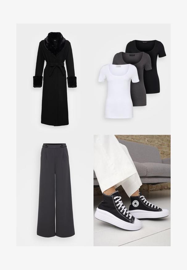 Zwarte robe met een nep bont sjaalkraag en manchetten, ceintuur in de taille, lange mouwen en een rechte zoom. Soepele textuur, elegante uitstraling.; Drie getailleerde T-shirts in het wit, grijs en zwart. Elk met een brede ronde hals en korte mouwen. Gemaakt van gladde, rekbare stof.; Wijdvallende broek in donkergrijs stof. Heeft plooien aan de voorkant en twee decoratieve knopen op de tailleband. Soepele textuur en op maat gemaakte pasvorm.; Zwarte hoge sneakers met witte rubberen zolen en veters. Voorzien van een ronde logo patch en contrasterende witte stiksels. Gemaakt van canvas.
