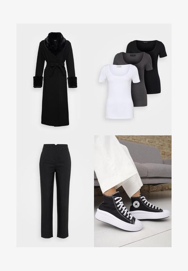 Zwarte robe met een nep bont sjaalkraag en manchetten, ceintuur in de taille, lange mouwen en een rechte zoom. Soepele textuur, elegante uitstraling.; Drie getailleerde T-shirts in het wit, grijs en zwart. Elk met een brede ronde hals en korte mouwen. Gemaakt van gladde, rekbare stof.; Zwarte broek met een recht model, geplooide voorkant en een gladde stoftextuur. Heeft een hoge taille en geen zichtbare zakken.; Zwarte hoge sneakers met witte rubberen zolen en veters. Voorzien van een ronde logo patch en contrasterende witte stiksels. Gemaakt van canvas.