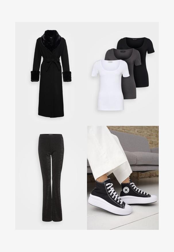 Must mustükk mustaga kunstkarusnahast kaeluse ja mansettidega, vöökoht, pikad varrukad ja sirge äärega. Sile tekstuur, elegantne disain.; Kolm mugavat T-särki valges, hallis ja mustas värvitoonis. Igal särgil on lai madal kaelus ja lühikesed varrukad. Valmistatud siledast, venivast kangast.; Mustmust suured püksid, mis on valmistatud tekstureeritud, säravast kangast. Omavad istuvat vööd ja sujuvat siluetti, mis laienevad alt.; Mustad kõrge säärega tossud valgete kummist tallade ja paeltega. Omad ümmargust logomärki ja kontrastset valget õmblust. Materjaliks lõuend.