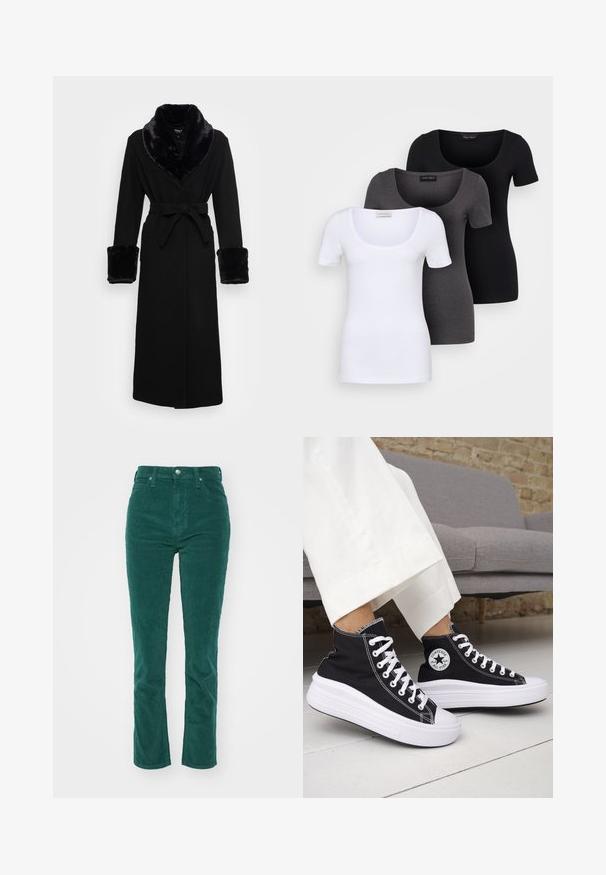 Černý plášť s límcem a manžetami z umělé kožešiny, pasem na šňůru, dlouhými rukávy a rovného spodního okraje. Hladká textura, elegantní design.; Tři přiléhavé trička v bílé, šedé a černé barvě. Každé má široký výstřih a krátké rukávy. Vyrobeno z hladké, pružné tkaniny.; Tmavě zelené kordové kalhoty s vysokým pasem, rovnými nohavicemi a jemnou texturou. Obsahují přední kapsy a kovové zapínání na knoflík.; Černé vysoké tenisky s bílými gumovými podrážkami a tkaničkami. Mají kulatou nášivku s logem a kontrastní bílé prošití. Materiál plátno.