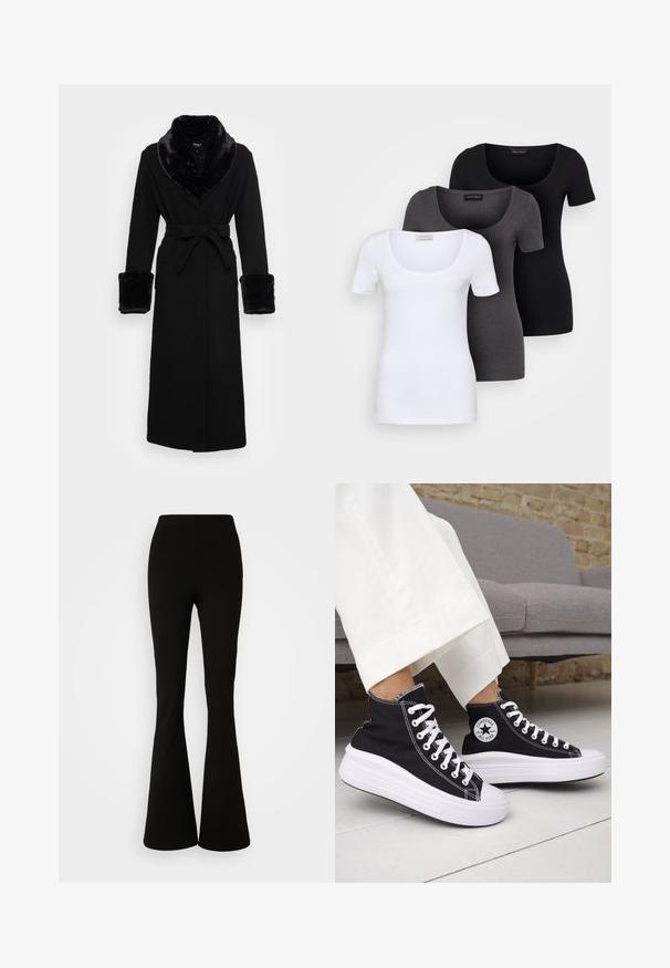 Must mustükk mustaga kunstkarusnahast kaeluse ja mansettidega, vöökoht, pikad varrukad ja sirge äärega. Sile tekstuur, elegantne disain.; Kolm mugavat T-särki valges, hallis ja mustas värvitoonis. Igal särgil on lai madal kaelus ja lühikesed varrukad. Valmistatud siledast, venivast kangast.; Vero Moda Tall VMAUGUSTA SLIM FLARED - Püksid - black; Mustad kõrge säärega tossud valgete kummist tallade ja paeltega. Omad ümmargust logomärki ja kontrastset valget õmblust. Materjaliks lõuend.