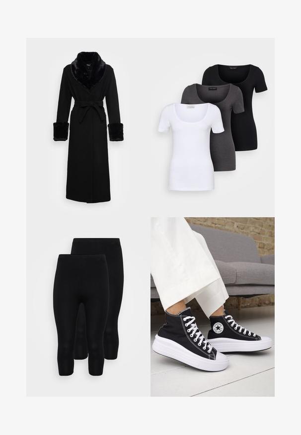 Černý plášť s límcem a manžetami z umělé kožešiny, pasem na šňůru, dlouhými rukávy a rovného spodního okraje. Hladká textura, elegantní design.; Tři přiléhavé trička v bílé, šedé a černé barvě. Každé má široký výstřih a krátké rukávy. Vyrobeno z hladké, pružné tkaniny.; Černé legíny z elastického materiálu v bezešvém provedení, s délkou do poloviny lýtek, hladkou texturou a elastickým pasem pro pohodlí.; Černé vysoké tenisky s bílými gumovými podrážkami a tkaničkami. Mají kulatou nášivku s logem a kontrastní bílé prošití. Materiál plátno.