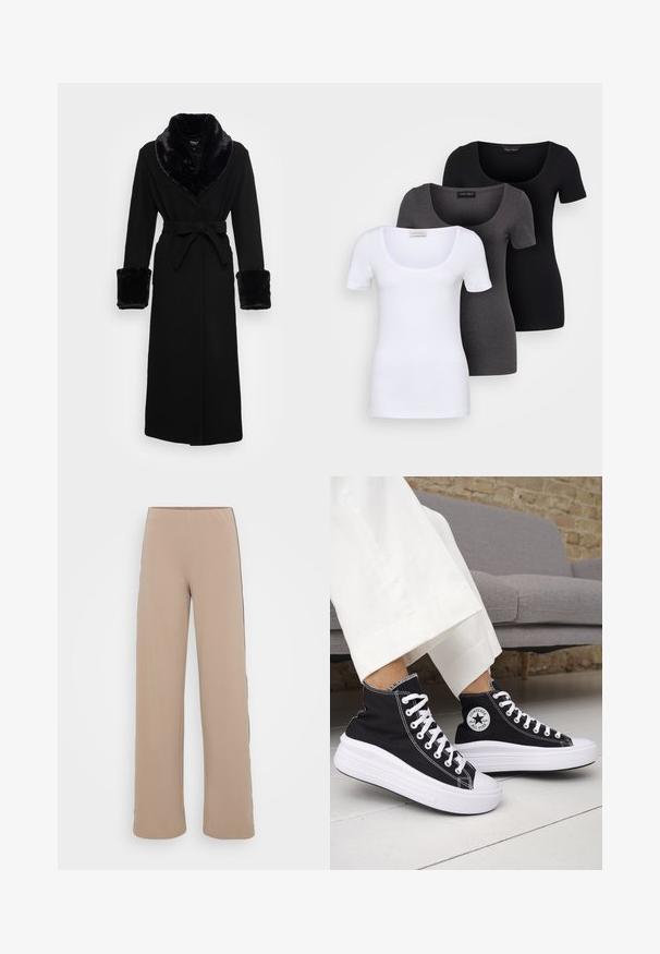 Zwarte robe met een nep bont sjaalkraag en manchetten, ceintuur in de taille, lange mouwen en een rechte zoom. Soepele textuur, elegante uitstraling.; Drie getailleerde T-shirts in het wit, grijs en zwart. Elk met een brede ronde hals en korte mouwen. Gemaakt van gladde, rekbare stof.; Beige wijde broek met een gladde textuur en zwarte zijstrepen. Heeft een hoge tailleband voor een gestroomlijnde silhouet.; Zwarte hoge sneakers met witte rubberen zolen en veters. Voorzien van een ronde logo patch en contrasterende witte stiksels. Gemaakt van canvas.