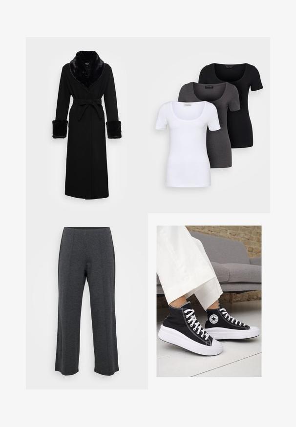 Robe noire avec un col châle en fausse fourrure et des poignets, taille ceinturée, manches longues et ourlet droit. Texture lisse, design élégant.; Trois T-shirts ajustés en blanc, gris et noir. Chacun présente un décolleté large et des manches courtes. Fabriqués en tissu lisse et extensible.; Pantalons larges gris foncé fabriqués à partir d'un tissu doux et extensible. Comprend une ceinture lisse et un devant plat avec des plis subtils pour un détail supplémentaire.; Baskets montantes en toile noire avec semelles et lacets en caoutchouc blanc. Elles présentent un logo circulaire sur le côté et un contraste de coutures blanches.
