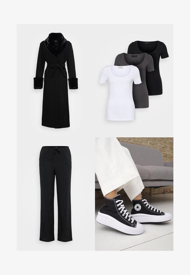 Svart kappe med krage og mansjetter i kunstpels, belte i midjen, lange ermer og rett kant. Glatt tekstur, elegant design.; Tre figurerte T-skjorter i hvit, grå og svart. Hver har en bred scoop-nakke og korte ermer. Laget av glatt, elastisk stoff.; Vero Moda Tall VMBERLIN WIDE PANEL - Bukse - black; Svarte høye sneakers med hvite gummisåler og lisser. Har et rundt logo-merke og kontrasterende hvite sømmer. Laget av lerret.