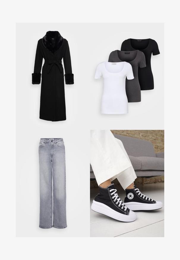 Roupa preta com um colarinho e punhos em pelagem sintética, cintura cingida, mangas longas e barra reta. Textura suave, design elegante.; Três t-shirts ajustadas em branco, cinza e preto. Cada uma possui um decote amplo e mangas curtas. Feitas de um tecido liso e elástico.; ONLY Tall ONLJUICY WIDE LEG - Wide leg - medium grey denim; Ténis pretos de cano alto com solas e atacadores em borracha branca. Apresentam um emblema redondo e costuras contrastantes em branco. Material em lona.