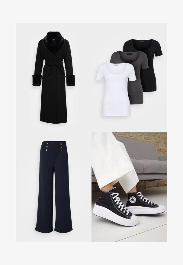 Roupa preta com um colarinho e punhos em pelagem sintética, cintura cingida, mangas longas e barra reta. Textura suave, design elegante.; Três t-shirts ajustadas em branco, cinza e preto. Cada uma possui um decote amplo e mangas curtas. Feitas de um tecido liso e elástico.; Calças largas de marinheiro feitas de tecido suave, com quatro detalhes em botão dourado na cintura alta.; Ténis pretos de cano alto com solas e atacadores em borracha branca. Apresentam um emblema redondo e costuras contrastantes em branco. Material em lona.