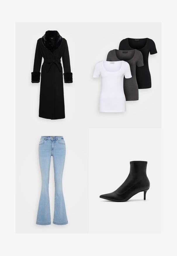 Roupa preta com um colarinho e punhos em pelagem sintética, cintura cingida, mangas longas e barra reta. Textura suave, design elegante.; Três t-shirts ajustadas em branco, cinza e preto. Cada uma possui um decote amplo e mangas curtas. Feitas de um tecido liso e elástico.; Calças de ganga azul-claro, com corte à boca de sino, apresentando uma cintura alta, cinco bolsos e costuras em contraste ao longo das costuras.; Botas de tornozelo pretas em couro suave com bico afiado e um salto curto e fino. Apresenta um design sem costura e sutis detalhes em costura.