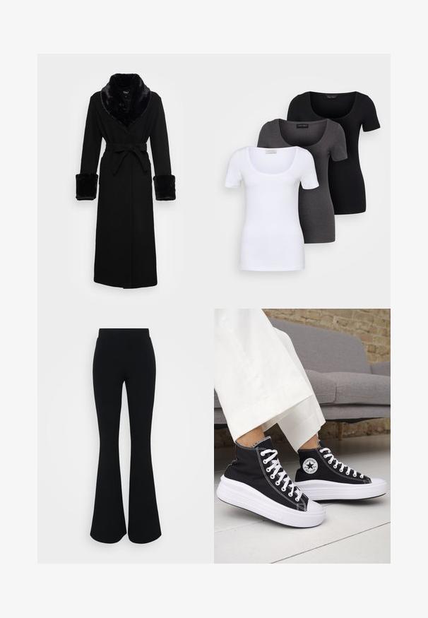 Roupa preta com um colarinho e punhos em pelagem sintética, cintura cingida, mangas longas e barra reta. Textura suave, design elegante.; Três t-shirts ajustadas em branco, cinza e preto. Cada uma possui um decote amplo e mangas curtas. Feitas de um tecido liso e elástico.; Calças pretas à flare com uma textura suave, cintura alta e um design de perna larga que se expande gradualmente a partir do joelho.; Ténis pretos de cano alto com solas e atacadores em borracha branca. Apresentam um emblema redondo e costuras contrastantes em branco. Material em lona.