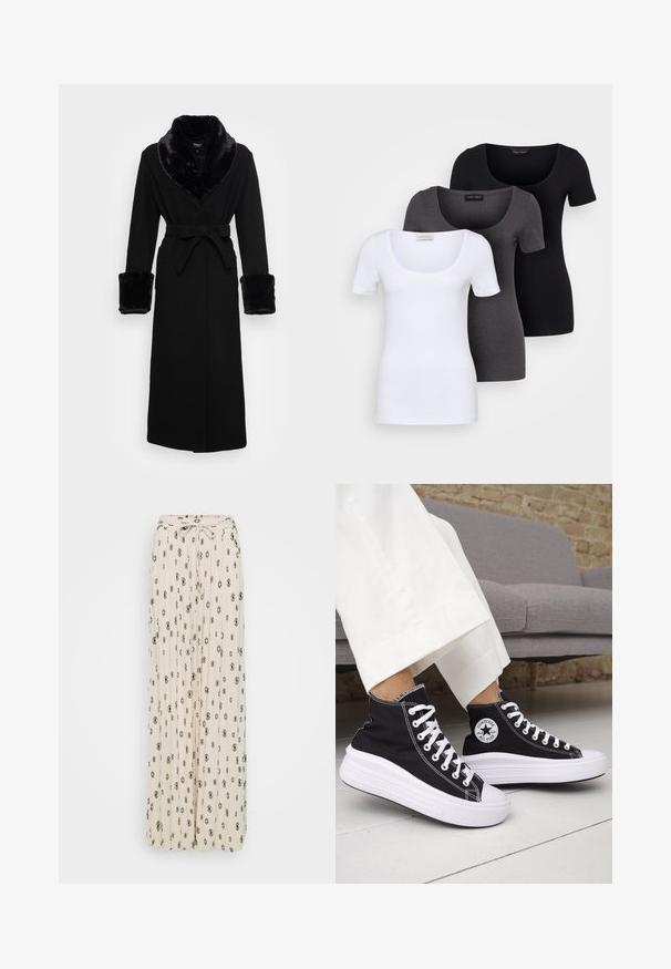 Svart kappe med krage og mansjetter i kunstpels, belte i midjen, lange ermer og rett kant. Glatt tekstur, elegant design.; Tre figurerte T-skjorter i hvit, grå og svart. Hver har en bred scoop-nakke og korte ermer. Laget av glatt, elastisk stoff.; Kremfarget maxiskjørt med svarte diamant- og blomster mønstre, plisserte stoffer, knytedetalj i livet og flytende design.; Svarte høye sneakers med hvite gummisåler og lisser. Har et rundt logo-merke og kontrasterende hvite sømmer. Laget av lerret.
