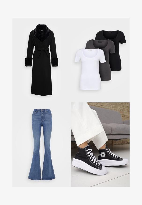 Musta viitta, jossa on tekoturkiskuosi kauluksessa ja hihansuissa, vyöllä varustettu vyötärö, pitkät hihat ja suora helma. Sileä rakenne, tyylikäs muotoilu.; Kolme istuvaa T-paitaa valkoisena, harmaana ja mustana. Jokaisessa on leveä avara pääntie ja lyhyet hihat. Valmistettu sileästä ja joustavasta kankaasta.; Vaaleansiniset leveälahkeiset farkut korkealla vyötäröllä, valmistettu denimistä. Omistaa etu-napituskiinnityksen ja sileän pinnan.; Mustat korkeavartiset tennarit, joissa valkoiset kumipohjat ja nauhat. Koristettu pyöreällä logotarralla ja valkoisilla kontrastisaumoilla. Materiaali on canvas.