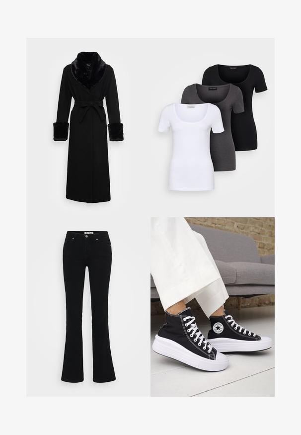 Black robe with a faux fur shawl collar and cuffs, belted waist, long sleeves, and a straight hem. Smooth texture, elegant design.; Three fitted T-shirts in white, gray, and black. Each features a wide scoop neckline and short sleeves. Made from smooth, stretchy fabric.; Black flared jeans made of denim, featuring a classic five-pocket design, silver hardware, and a button closure at the waist.; Black high-top sneakers with white rubber soles and laces. Features a round logo patch and contrasting white stitching. Canvas material.