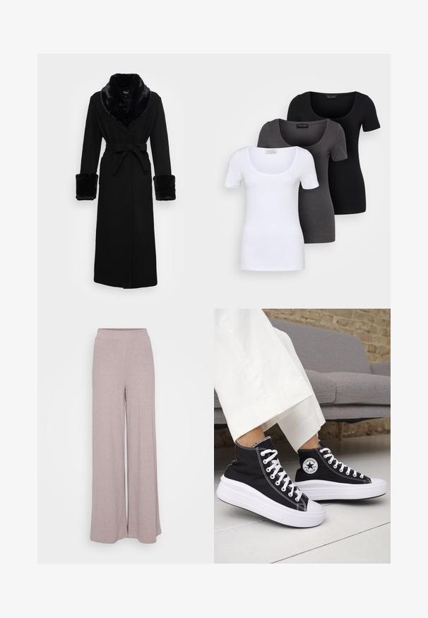 Juoda mantija su dirbtinės odos šalikėlėmis ir rankogaliais, diržo juosmeniu, ilgomis rankovėmis ir tiesiu našiu. Sklandi tekstūra, elegantiškas dizainas.; Trys priderinti marškiniai: balti, pilki ir juodi. Kiekvienas turi plačią apvalią iškirptę ir trumpas rankoves. Pagaminti iš lygaus, tamprių audinio.; Plati kojos kelnės, pagamintos iš minkštos, grublėtos medžiagos, šviesiai mauvo spalvos. Yra elastingas juosmuo, užtikrinantis komfortą ir laisvą siluetą.; Juodi aukštakulniai sportbačiai su baltais guminiu padu ir raišteliais. Ant jų yra apvalus logotipo lopas ir kontrastingos baltos siūlės. Pagaminti iš drobės medžiagos.