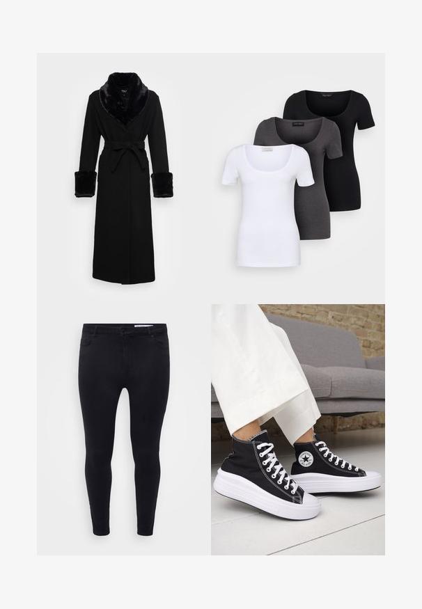 Roupa preta com um colarinho e punhos em pelagem sintética, cintura cingida, mangas longas e barra reta. Textura suave, design elegante.; Três t-shirts ajustadas em branco, cinza e preto. Cada uma possui um decote amplo e mangas curtas. Feitas de um tecido liso e elástico.; Jeans slim fit pretos feitos de denim elástico, com fecho frontal por botão, passantes para cinto e cinco bolsos, apresentando uma textura suave.; Ténis pretos de cano alto com solas e atacadores em borracha branca. Apresentam um emblema redondo e costuras contrastantes em branco. Material em lona.