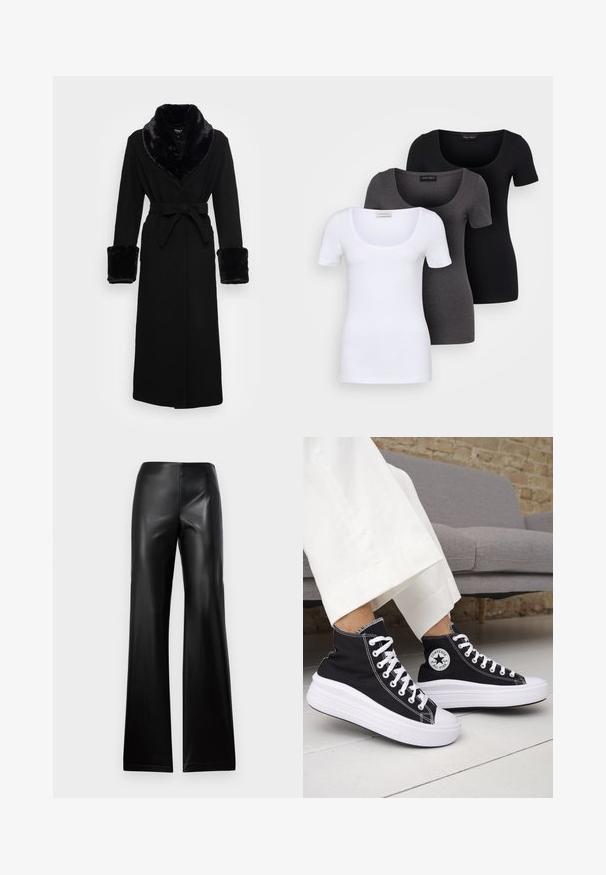 Čierny plášť s golierom a manžetami z imitácie kože, opaskom v páse, dlhými rukávmi a rovný spodným lemom. Hladká textúra, elegantný dizajn.; Tričko v bielej, šedej a čiernej farbe s priliehavým strihom. Každé má široký výstrih a krátke rukávy. Vyrobené z hladkej, elastickej tkaniny.; Čierne kožené rozšírené nohavice s hladkou textúrou, vybavené vysokým pásom a jednoduchým dizajnom, ktorý sa na vrchu zužuje a smerom k lemom sa rozširuje.; Čierne vysoké tenisky s bielymi gumovými podrážkami a šnúrkami. Obsahujú okrúhlu nášivku s logom a kontrastné biele prešívanie. Materiál je plátený.