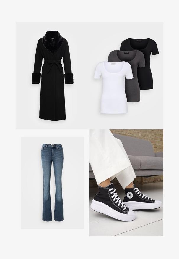 Musta viitta, jossa on tekoturkiskuosi kauluksessa ja hihansuissa, vyöllä varustettu vyötärö, pitkät hihat ja suora helma. Sileä rakenne, tyylikäs muotoilu.; Kolme istuvaa T-paitaa valkoisena, harmaana ja mustana. Jokaisessa on leveä avara pääntie ja lyhyet hihat. Valmistettu sileästä ja joustavasta kankaasta.; Bootcut-farkut, jotka on valmistettu sinisestä denimistä. Ominaisuuksiin kuuluu keskikorkea vyötärö, viisi taskua, huomaamaton ommel ja hieman haalistunut ilme lahkeissa.; Mustat korkeavartiset tennarit, joissa valkoiset kumipohjat ja nauhat. Koristettu pyöreällä logotarralla ja valkoisilla kontrastisaumoilla. Materiaali on canvas.