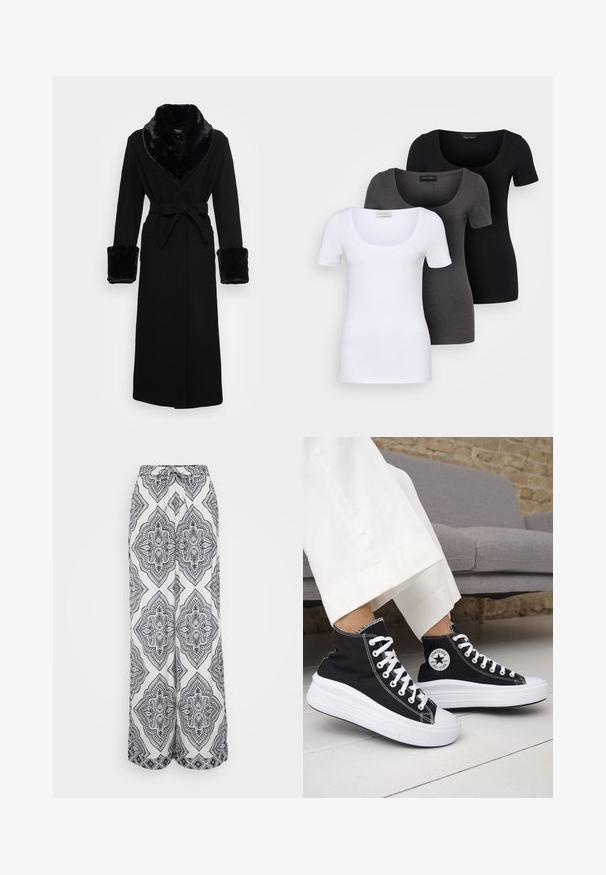 Rochie neagră cu guler și manșete din blană sintetică, talie accentuată cu un cordon, mâneci lungi și tiv drept. Textură netedă, design elegant.; Trei tricouri ajustate, în alb, gri și negru. Fiecare are un decolteu larg în formă de cerc și mâneci scurte. Fabricate dintr-un material neted și elastic.; Pantaloni cu picioare largi, cu un model geometric alb-negru. Au o talie cu șnur, un material ușor și o siluetă fluidă.; Adidași negri înalți cu tălpi și șireturi albe din cauciuc. Prezintă o pată logo rotundă și cusături albe contrastante. Material din pânză.