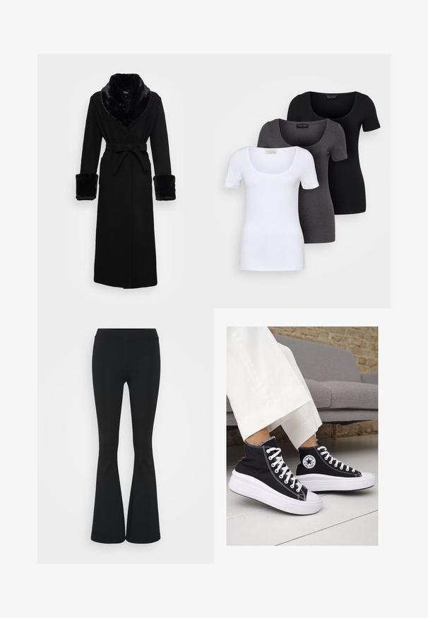 Schwarzer Umhang mit einem Kragen und Bündchen aus Kunstfell, tailliert, langen Ärmeln und geradem Saum. Glatte Textur, elegantes Design.; Drei figurbetonte T-Shirts in Weiß, Grau und Schwarz. Jedes hat einen weiten Rundhalsausschnitt und kurze Ärmel. Hergestellt aus glattem, elastischem Stoff.; Schwarze, ausgestellte Hosen aus dehnbarem Material mit hohem Bund und glatter Textur. Die Hose weitet sich ab dem Knie.; Schwarze Canvas-Hochtop-Sneakers mit weißen Gummisohlen und Schnürsenkeln. Mit einem runden Logo an der Seite und kontrastierendem weißen Nähten.