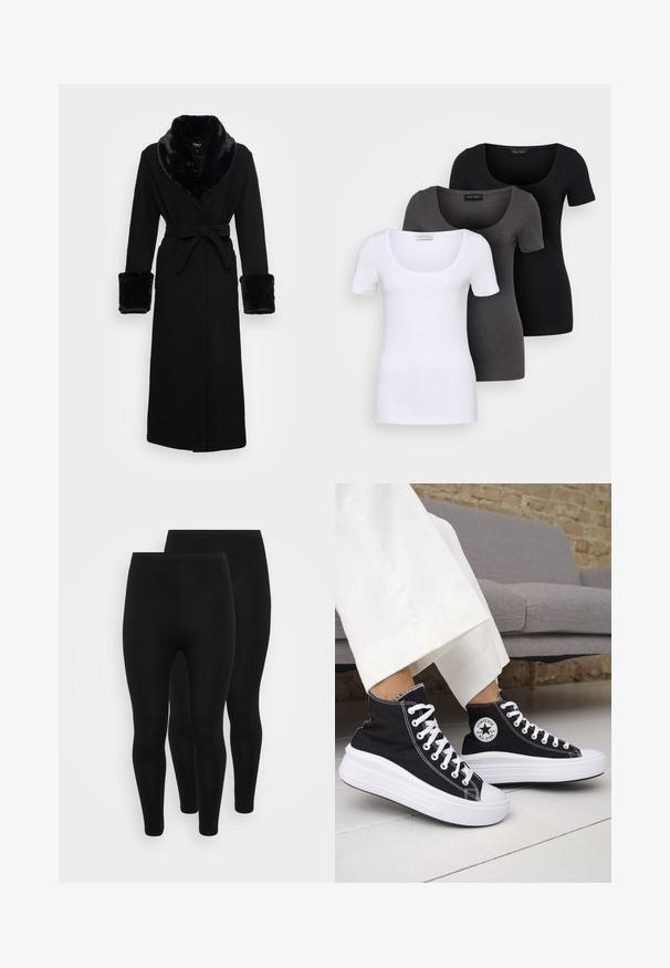 Crna haljina s ovratnikom i manžetama od umjetnog krzna, s pojasom u struku, dugim rukavima i ravnim rubom. Glatka tekstura, elegantan dizajn.; Tri fitted T-shirtovi u bijeloj, sivoj i crnoj boji. Svaki ima široki izrez na vratu i kratke rukave. Napravljen od glatkoga, rastezljivog materijala.; Crne tajice, napravljene od rastezljivog materijala, imaju uski kroj. Imaju glatku teksturu i elastičan pojas. Prikazane su dvije parove.; Crne tenisice visoke košarke s bijelim gumenim potplatom i vezicama. Imaju okruglu logotipsku zakrpu i kontrastni bijeli šav. Materijal od platna.