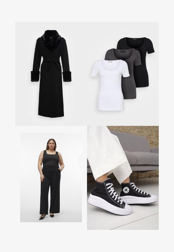 Black robe with a faux fur shawl collar and cuffs, belted waist, long sleeves, and a straight hem. Smooth texture, elegant design.; Three fitted T-shirts in white, gray, and black. Each features a wide scoop neckline and short sleeves. Made from smooth, stretchy fabric.; Black tank top paired with wide-leg black trousers featuring buttons. The outfit has a smooth texture and a modern, fitted silhouette.; Black high-top sneakers with white rubber soles and laces. Features a round logo patch and contrasting white stitching. Canvas material.