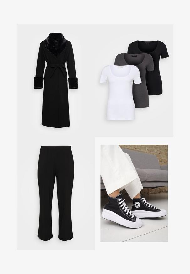 Ropa negra con un chal color de piel sintético y puños, cinturilla ajustada, mangas largas y un dobladillo recto. Textura suave, diseño elegante.; Tres camisetas ajustadas en blanco, gris y negro. Cada una cuenta con un escote amplio y mangas cortas. Están hechas de una tela suave y elástica.; Pantalones negros acampanados con un acabado suave y detalles de pliegue sutiles, exhibidos sobre un fondo blanco liso.; Zapatillas altas de lona negra con suelas y cordones de goma blanca. Presentan un logo circular en el lateral y costuras blancas en contraste.