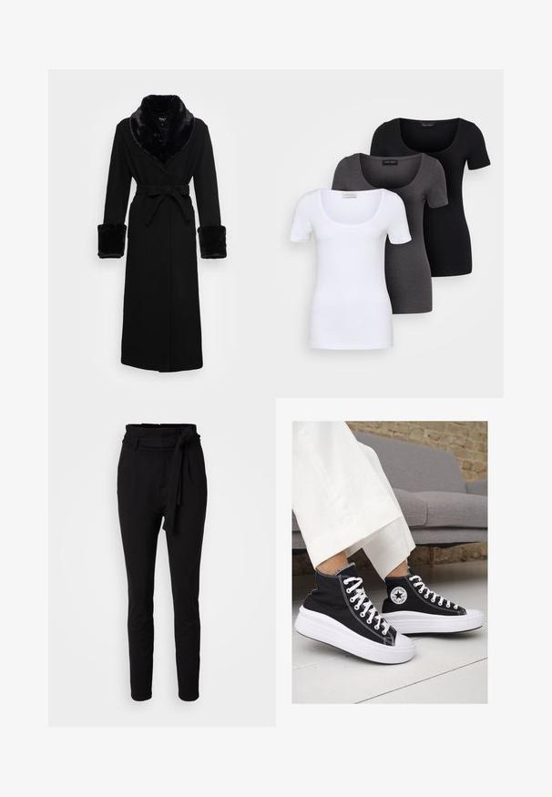 Zwarte robe met een nep bont sjaalkraag en manchetten, ceintuur in de taille, lange mouwen en een rechte zoom. Soepele textuur, elegante uitstraling.; Drie getailleerde T-shirts in het wit, grijs en zwart. Elk met een brede ronde hals en korte mouwen. Gemaakt van gladde, rekbare stof.; Zwarte broek met een hoge taille en een strikceintuurdetail. Gemaakt van zachte stof, met een gladde textuur en een taps toelopend ontwerp.; Zwarte canvas hoge sneakers met witte rubberen zolen en veters. Voorzien van een cirkelvormig logo aan de zijkant en contrasterende witte stiksels.