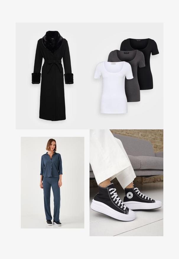 Zwarte robe met een nep bont sjaalkraag en manchetten, ceintuur in de taille, lange mouwen en een rechte zoom. Soepele textuur, elegante uitstraling.; Drie getailleerde T-shirts in het wit, grijs en zwart. Elk met een brede ronde hals en korte mouwen. Gemaakt van gladde, rekbare stof.; Twee-delig outfit met een gestructureerd, marineblauw overhemd met opgerolde mouwen en bijpassende slim-fit broek. Zwarte sneakers maken de look compleet.; Zwarte hoge sneakers met witte rubberen zolen en veters. Voorzien van een ronde logo patch en contrasterende witte stiksels. Gemaakt van canvas.